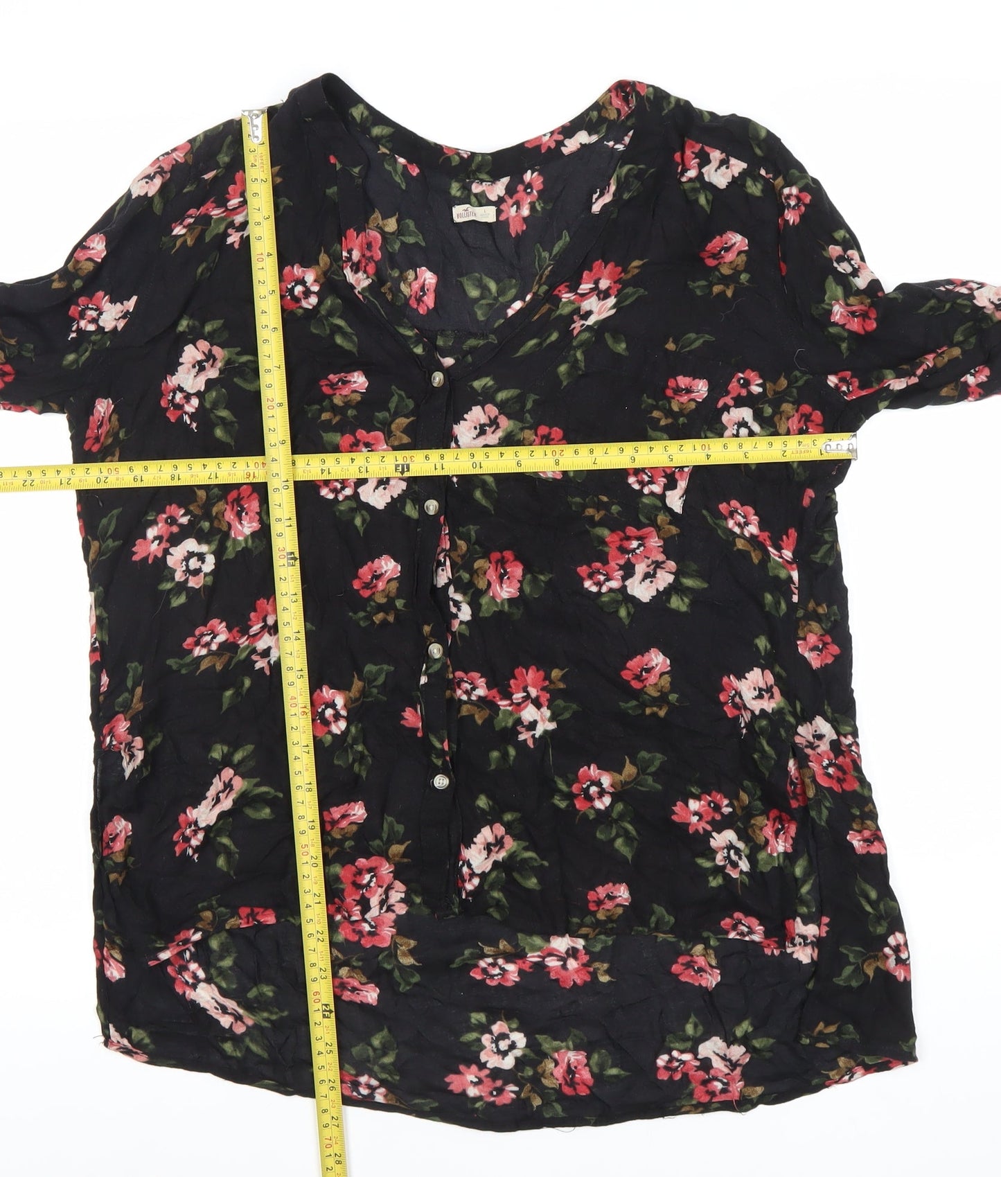 Hollister Womens Black Floral Viscose Tunic Blouse L Long Sleeve
