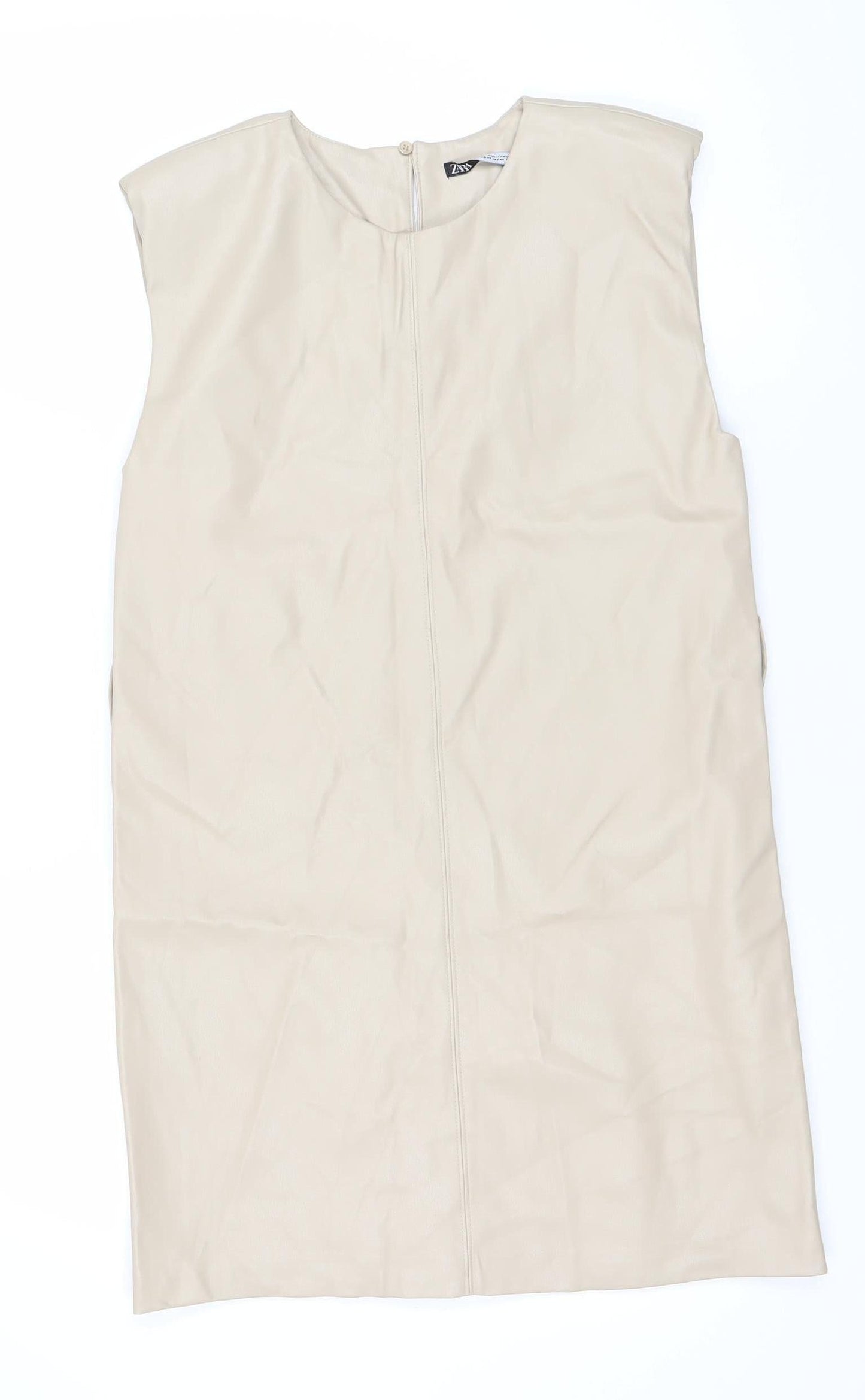 Zara Women Beige XS Shift Dress Sleeveless Knee Length Polyester