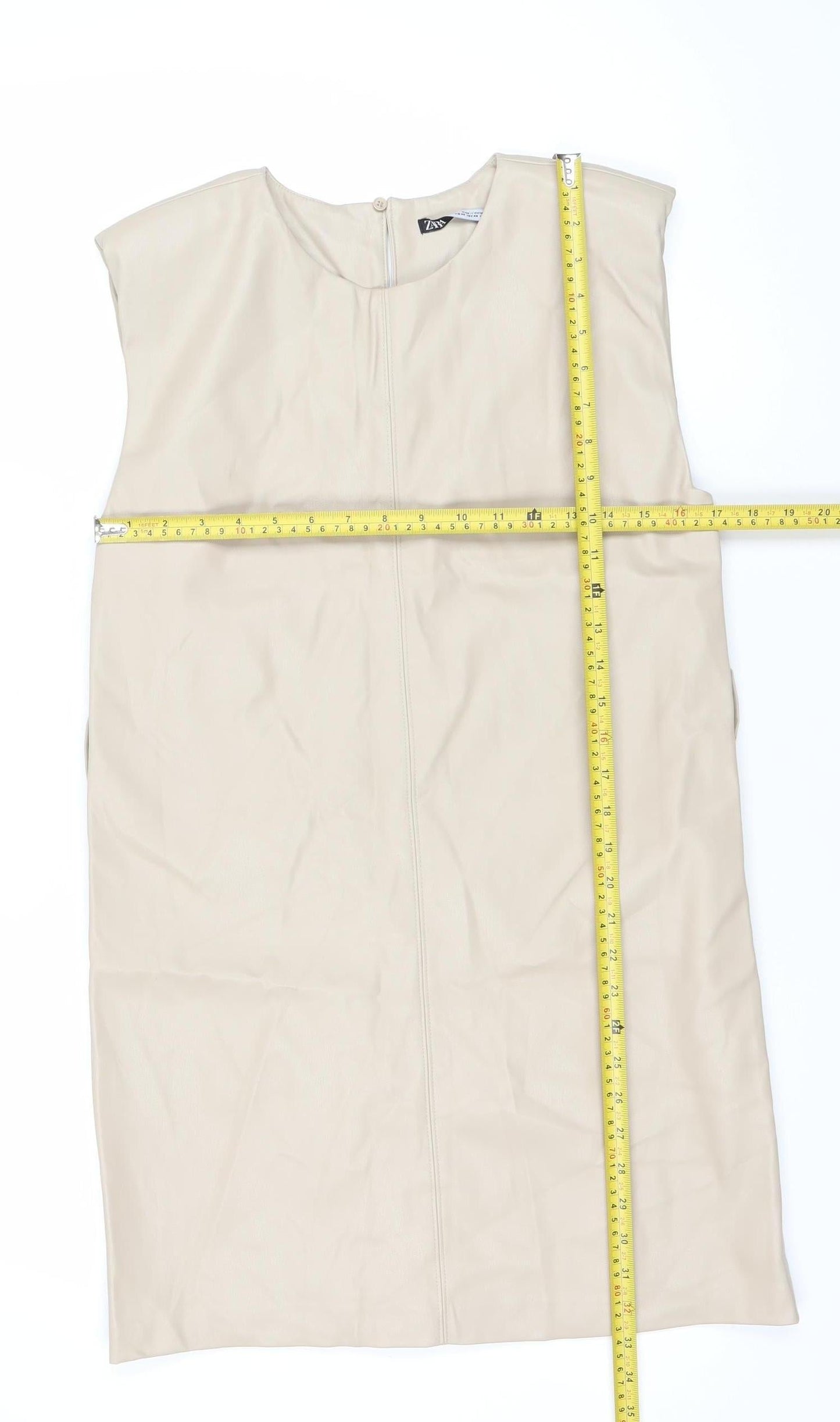Zara Women Beige XS Shift Dress Sleeveless Knee Length Polyester