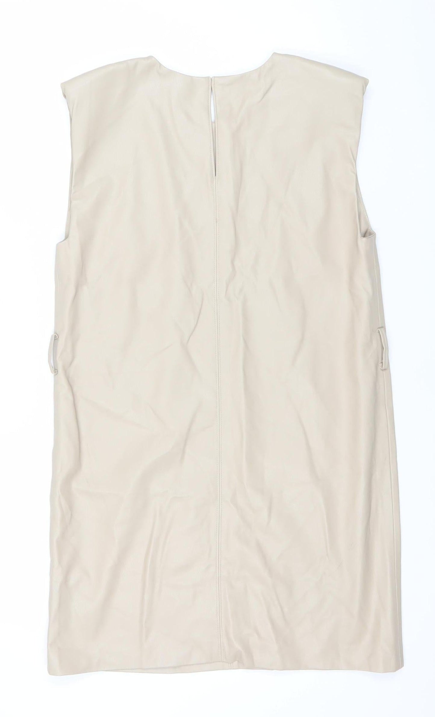Zara Women Beige XS Shift Dress Sleeveless Knee Length Polyester
