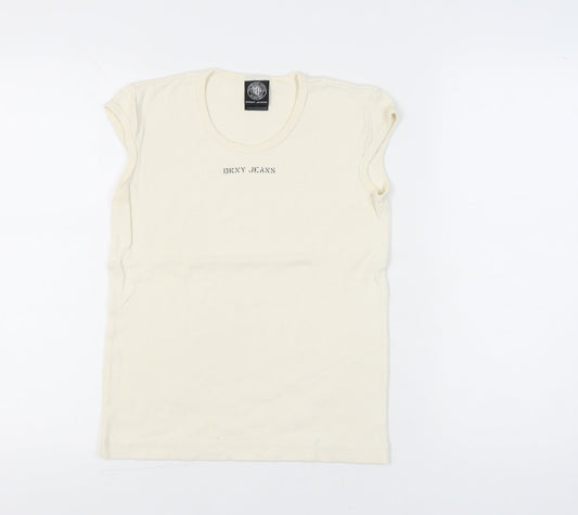 DKNY Jeans Women Ivory Cotton Crew Neck T-Shirt Size M