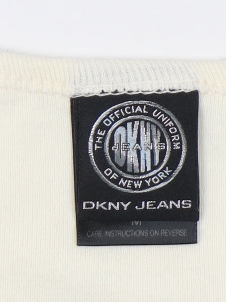 DKNY Jeans Women Ivory Cotton Crew Neck T-Shirt Size M