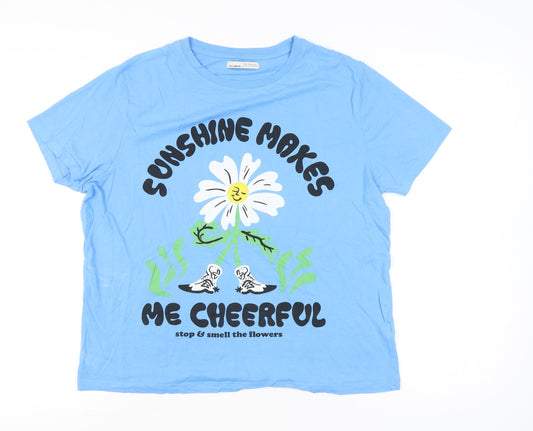Pull&Bear Womens Blue XL Graphic Flower Print Cotton T-Shirt