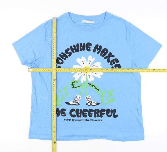 Pull&Bear Womens Blue XL Graphic Flower Print Cotton T-Shirt