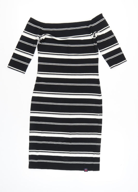 Superdry Women's Black Striped Bodycon Off Shoulder Dress M