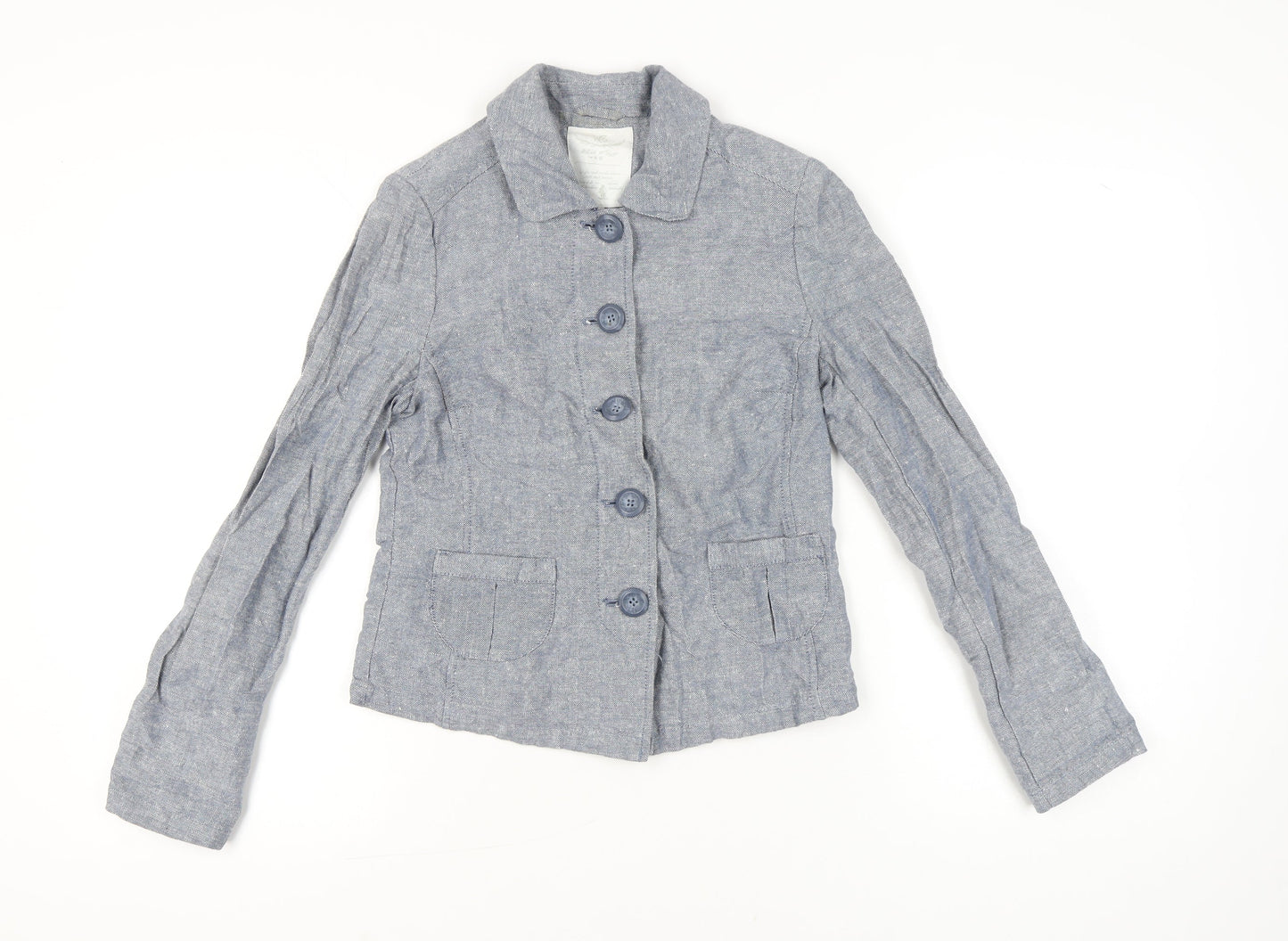 White Stuff Women Blue Linen Cotton Blazer Jacket Size 8 Casual