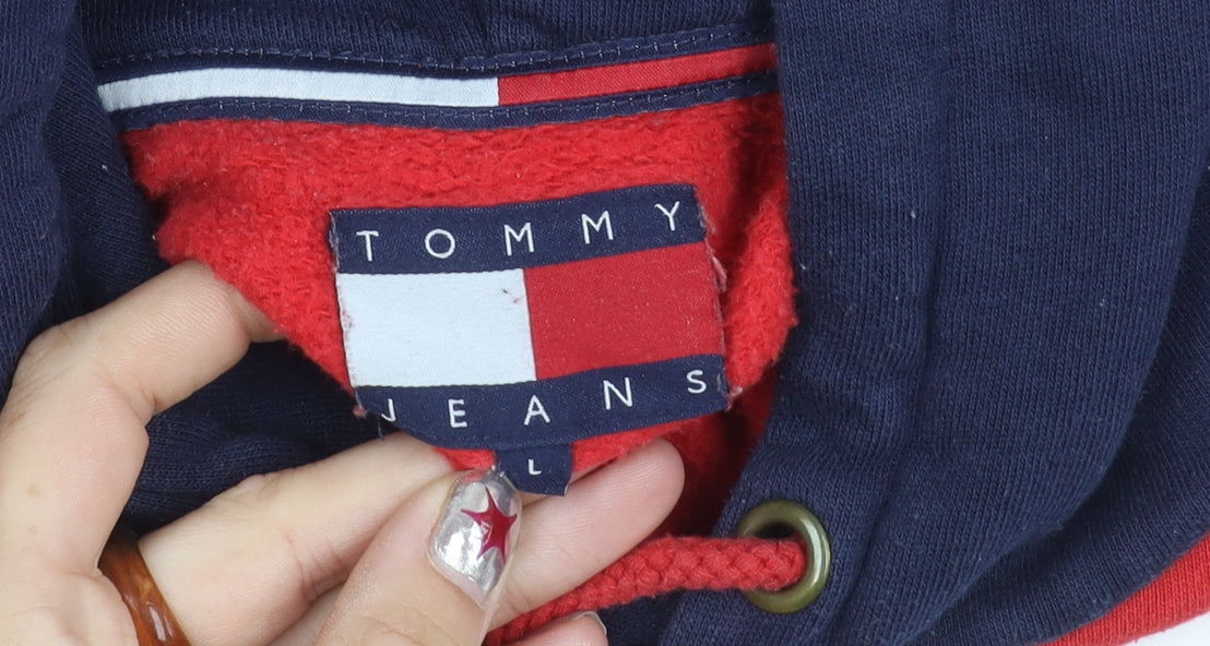 Tommy Jeans Women’s Red & Navy Hoodie L Logo Pullover Cotton Blend