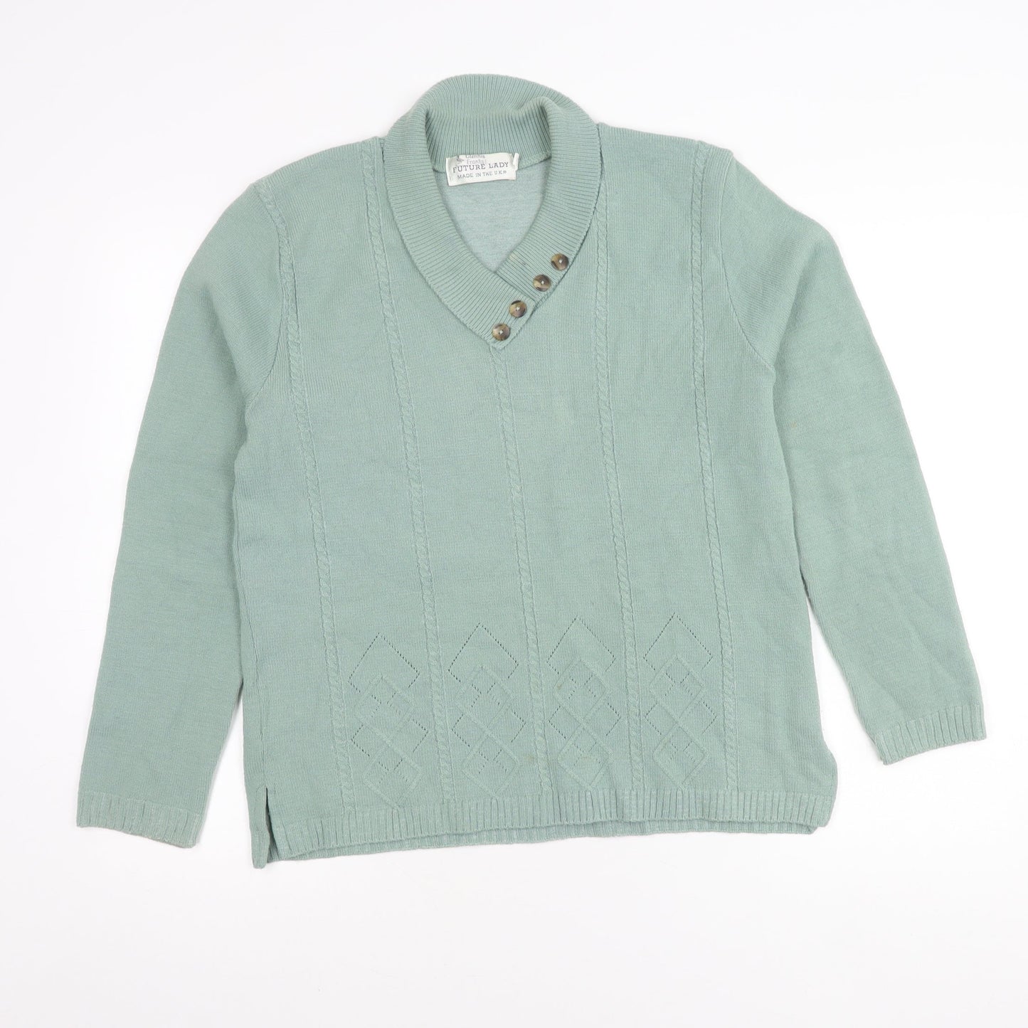 Future Lady Womens Green Henley Jumper M V-Neck Long Sleeve Knit