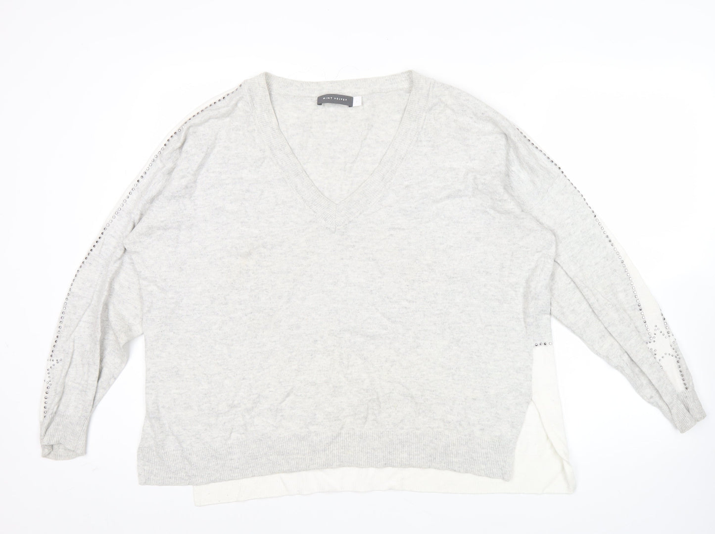 Mint Velvet Womens Grey L V-Neck Studded Pullover Jumper Long Sleeve