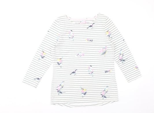 Joules Womens White Bird Print Striped Long Sleeve Cotton Top UK 12