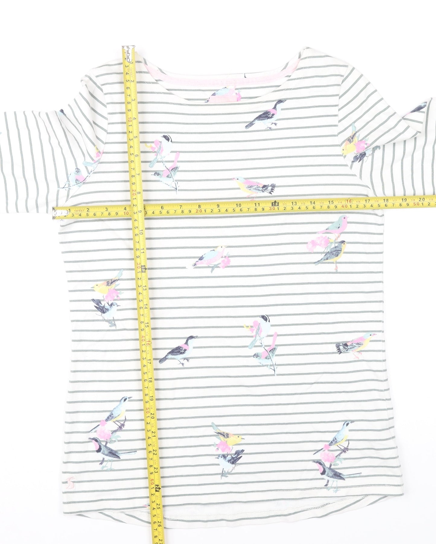 Joules Womens White Bird Print Striped Long Sleeve Cotton Top UK 12