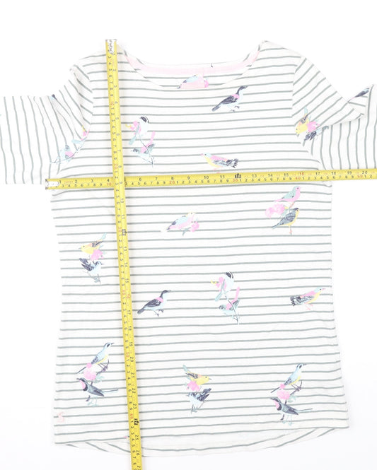 Joules Womens White Bird Print Striped Long Sleeve Cotton Top UK 12