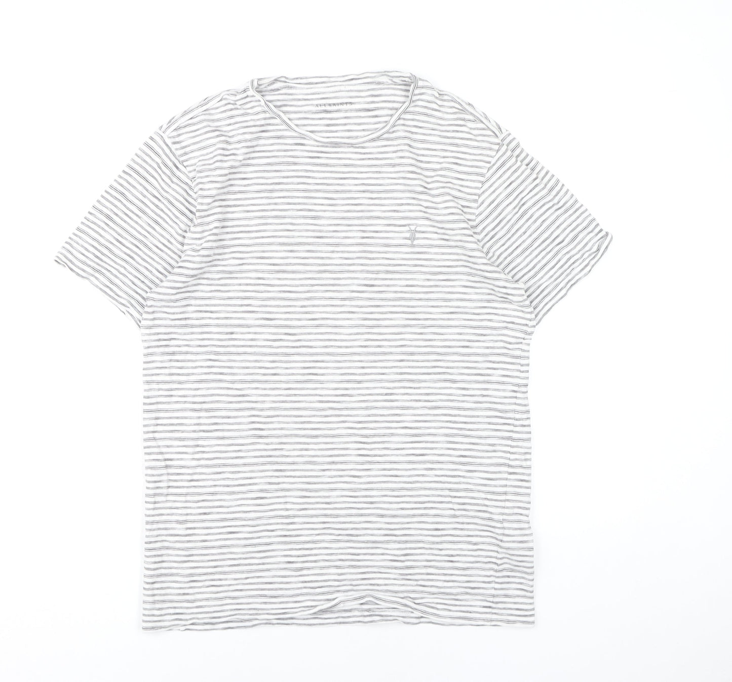 AllSaints Men Grey Striped Crew Neck T-Shirt Size S Slim Fit