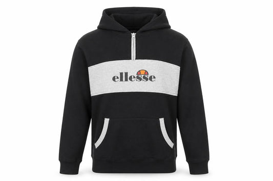 Front view of Ellesse men’s black grey pullover hoodie m logo 1/2 zip sportswear