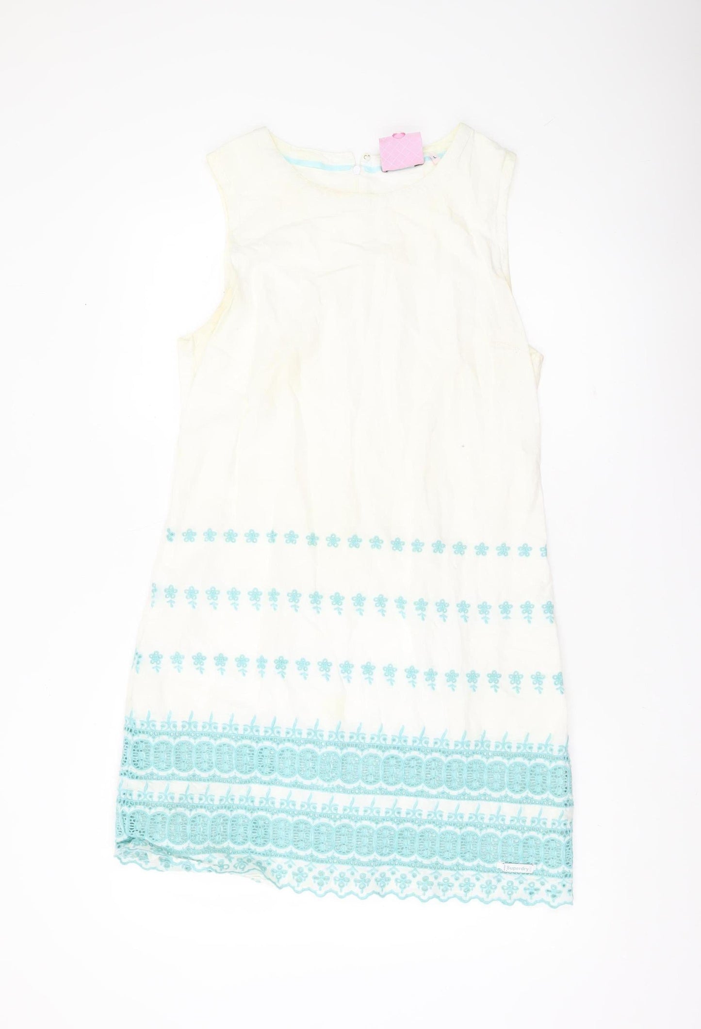 Superdry Women White Shift Dress L Embroidered Floral Boho Knee Length