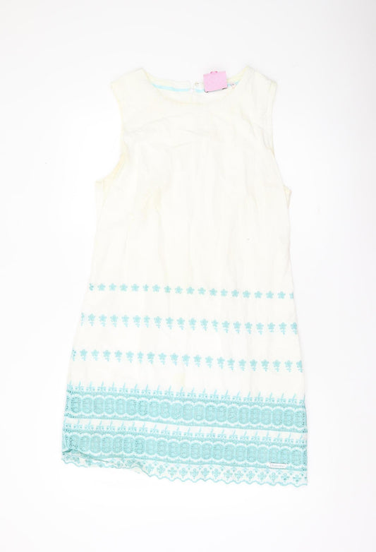 Superdry Women White Shift Dress L Embroidered Floral Boho Knee Length