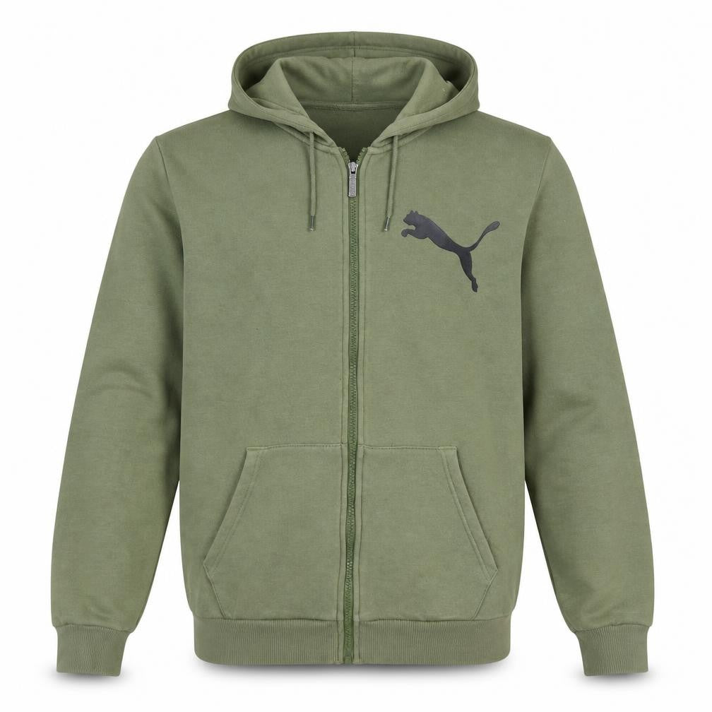 Front view of Puma Men’s Green Full Zip Hoodie L Sports Logo Graphic Sweatshirt