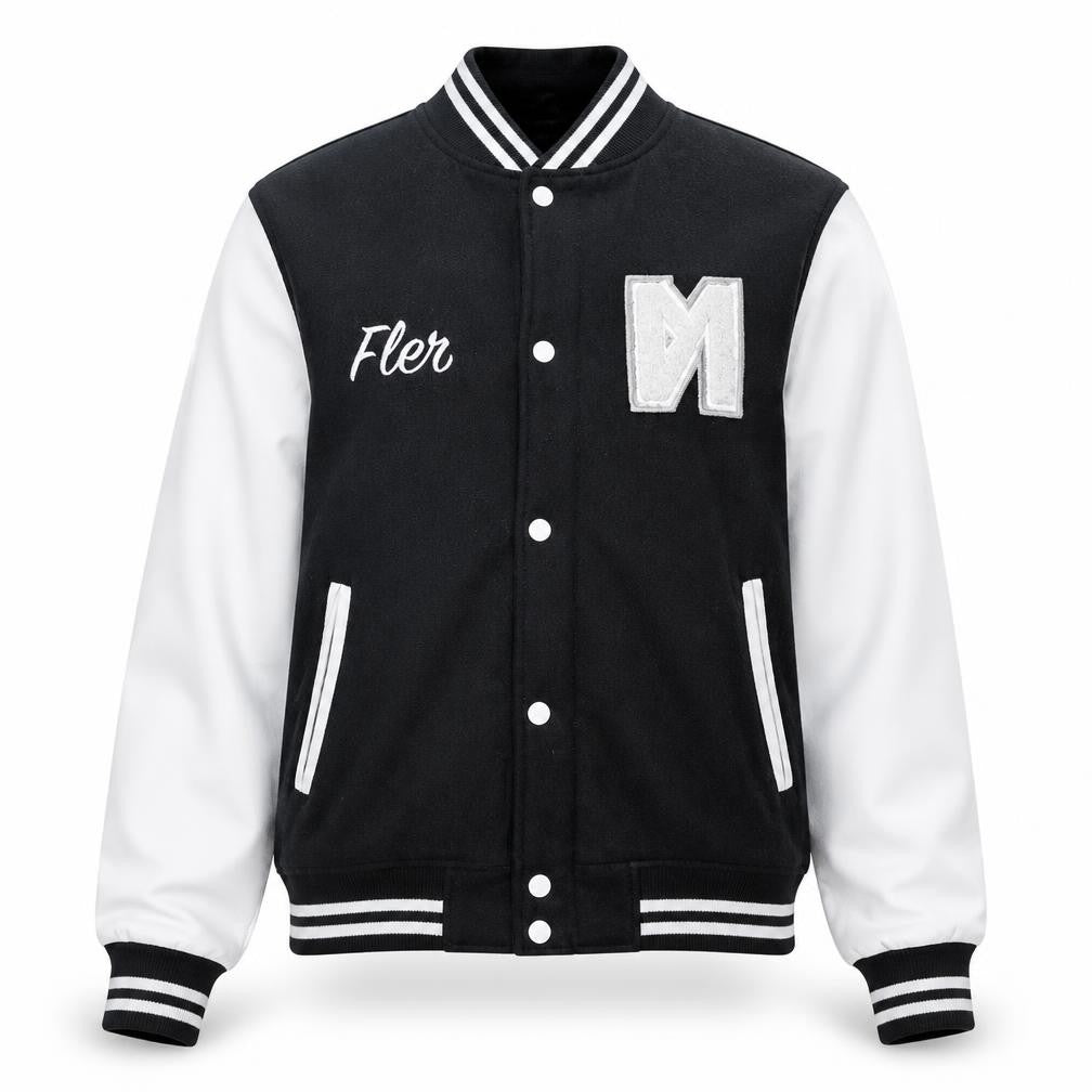 The First Real Brand Varsity Jacket Unisex Black White XL Wool Leather