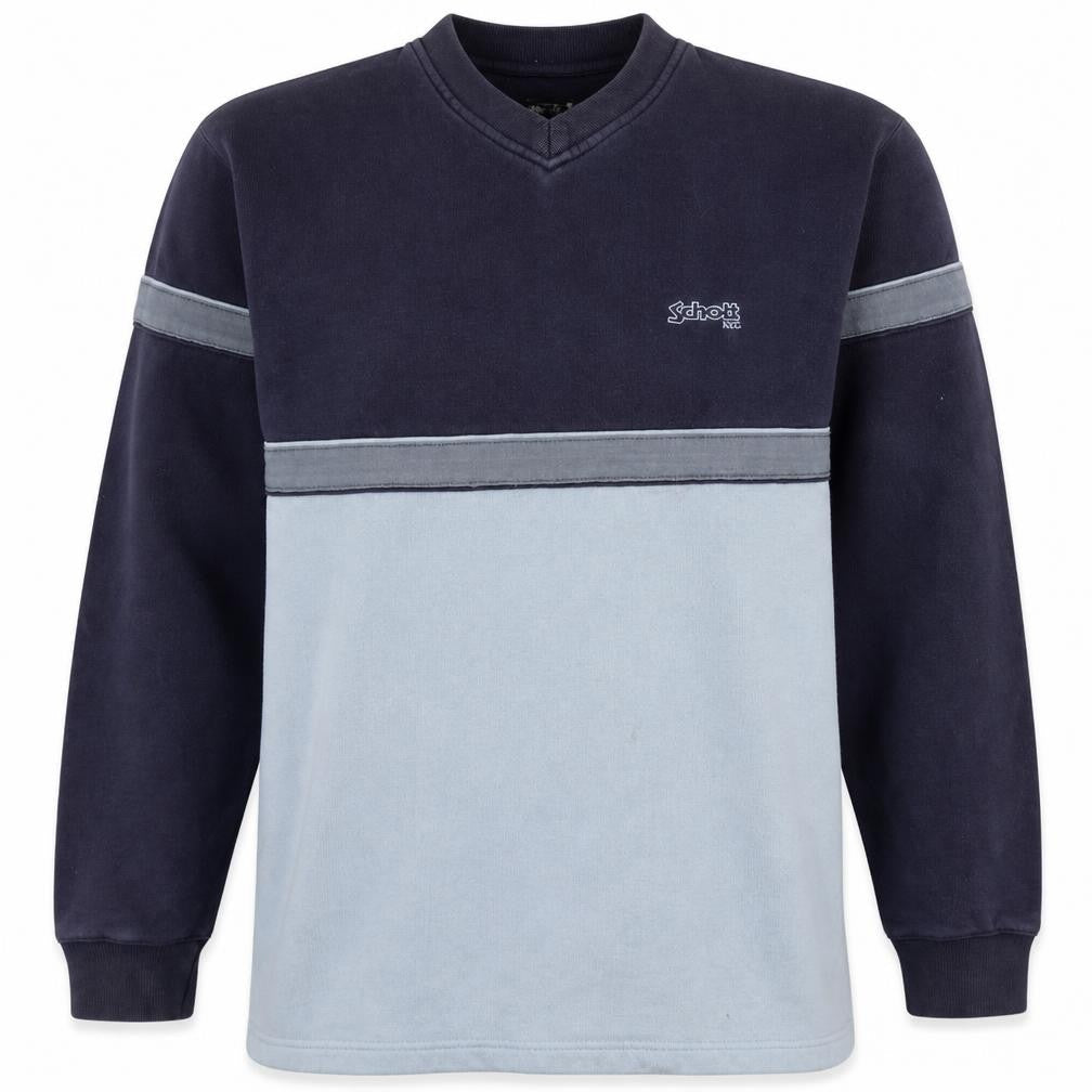 Schott NYC Mens Small Blue Pullover Sweatshirt V-Neck Logo Cotton