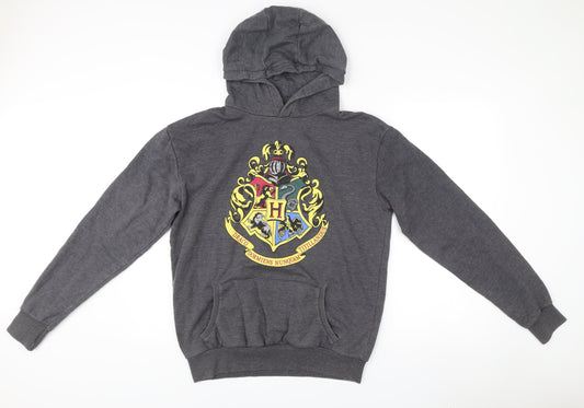 Harry Potter Mens Grey Pullover Hoodie Size M Graphic Hogwarts Crest