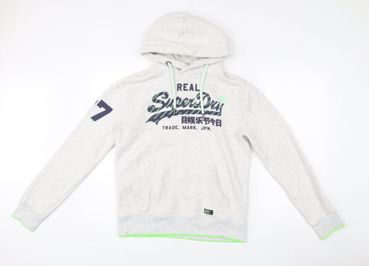 Superdry Men’s Grey Pullover Hoodie Small Logo Print Long Sleeve