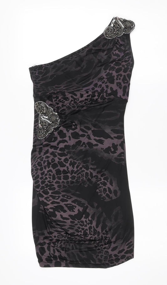 Jane Norman Women’s Black Brown Animal Print Bodycon Dress Size 14