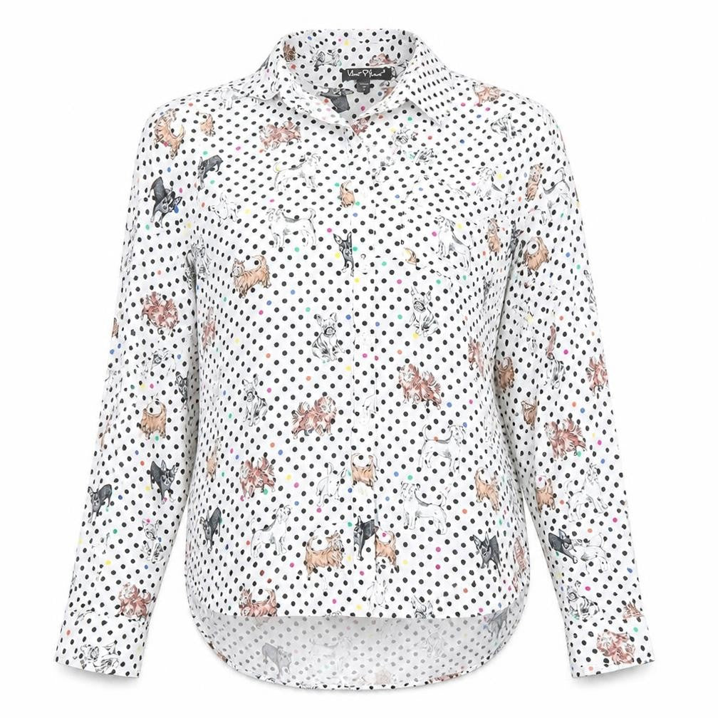 Yours Heart Women’s White Dog Print Polka Dot Button-Up Shirt Size S