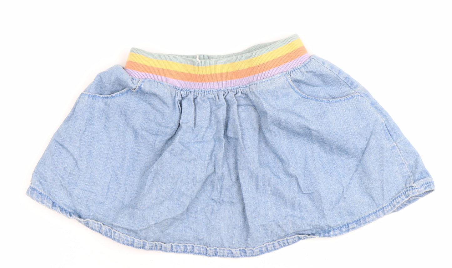 Next Girls Blue Denim A-Line Skirt 9-12 Months Rainbow Elastic Waist