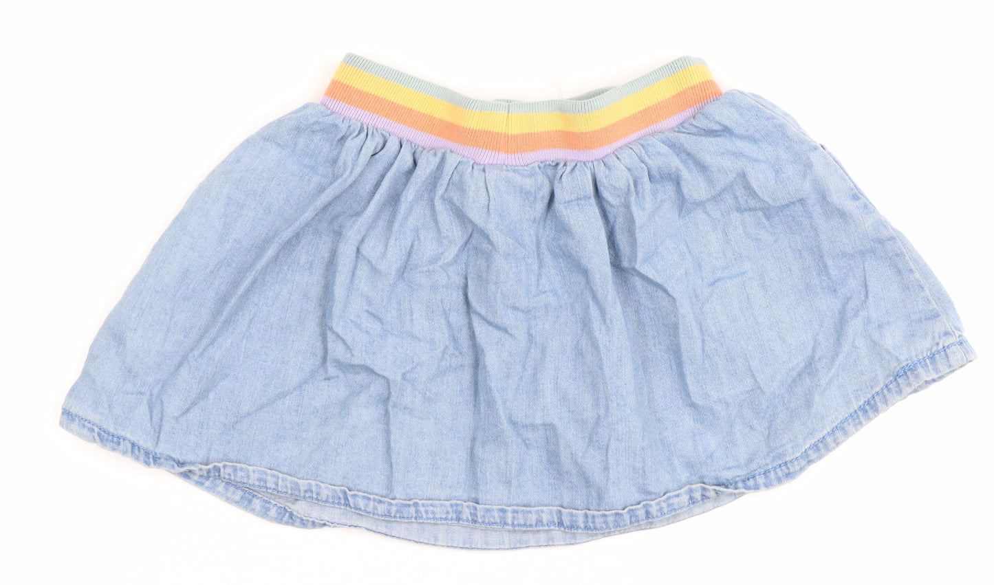 Next Girls Blue Denim A-Line Skirt 9-12 Months Rainbow Elastic Waist