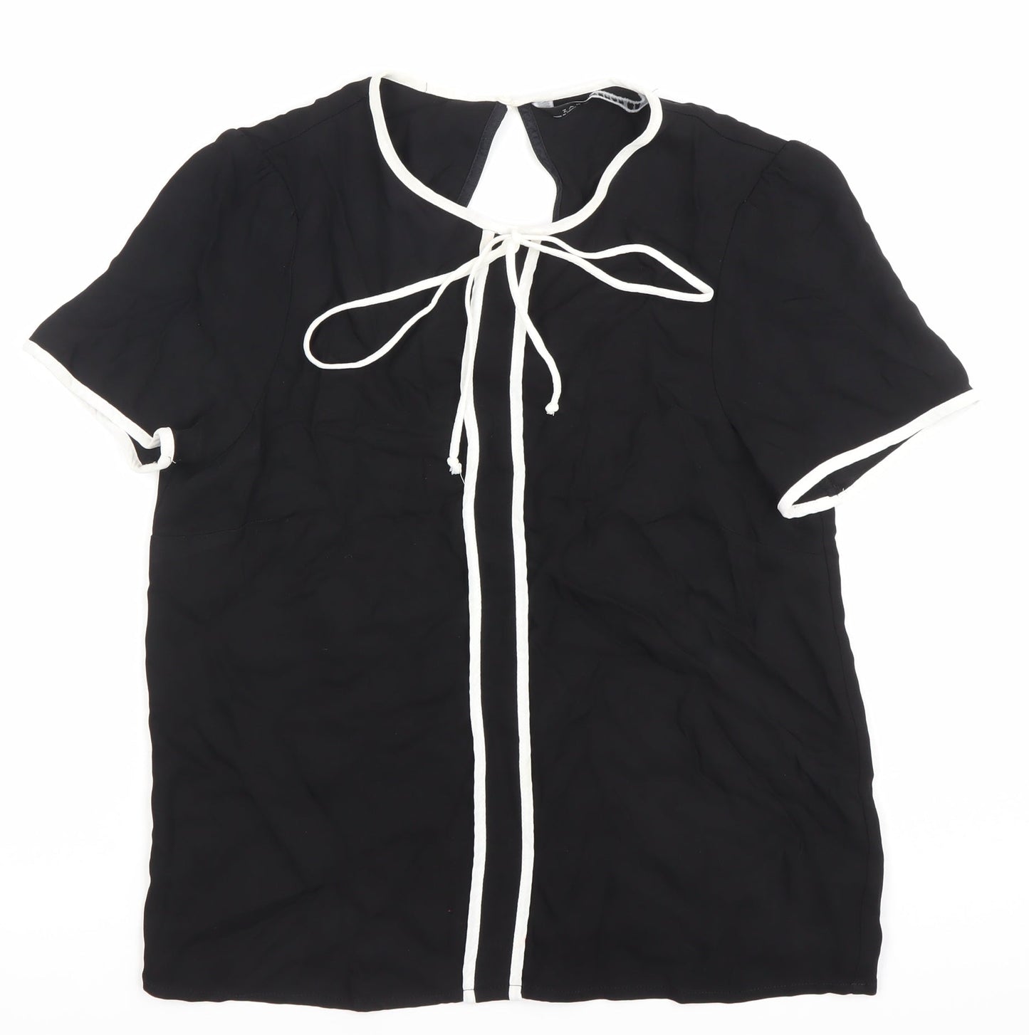 Zara Women Black Viscose Tunic Blouse L Short Sleeve Scoop Neck