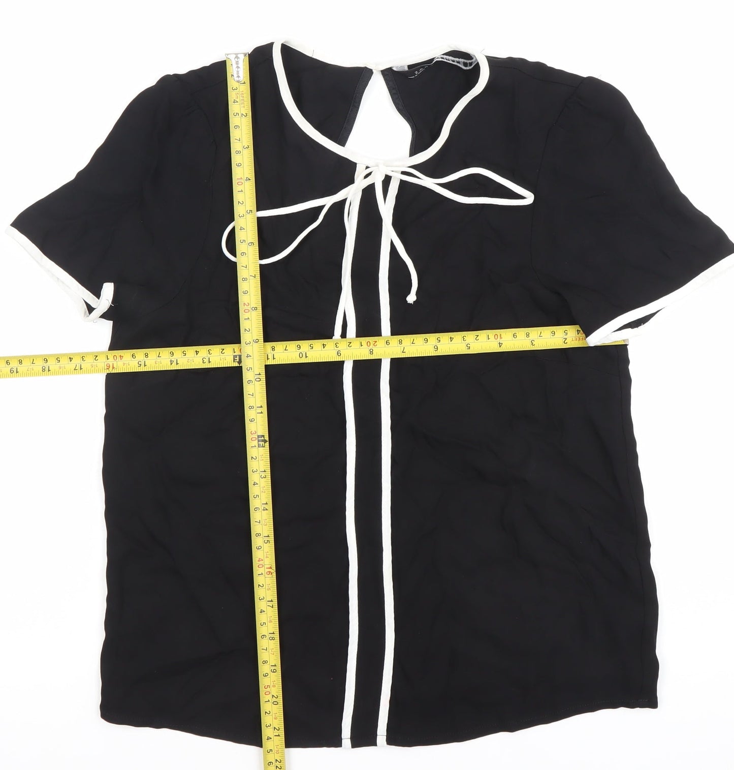 Zara Women Black Viscose Tunic Blouse L Short Sleeve Scoop Neck