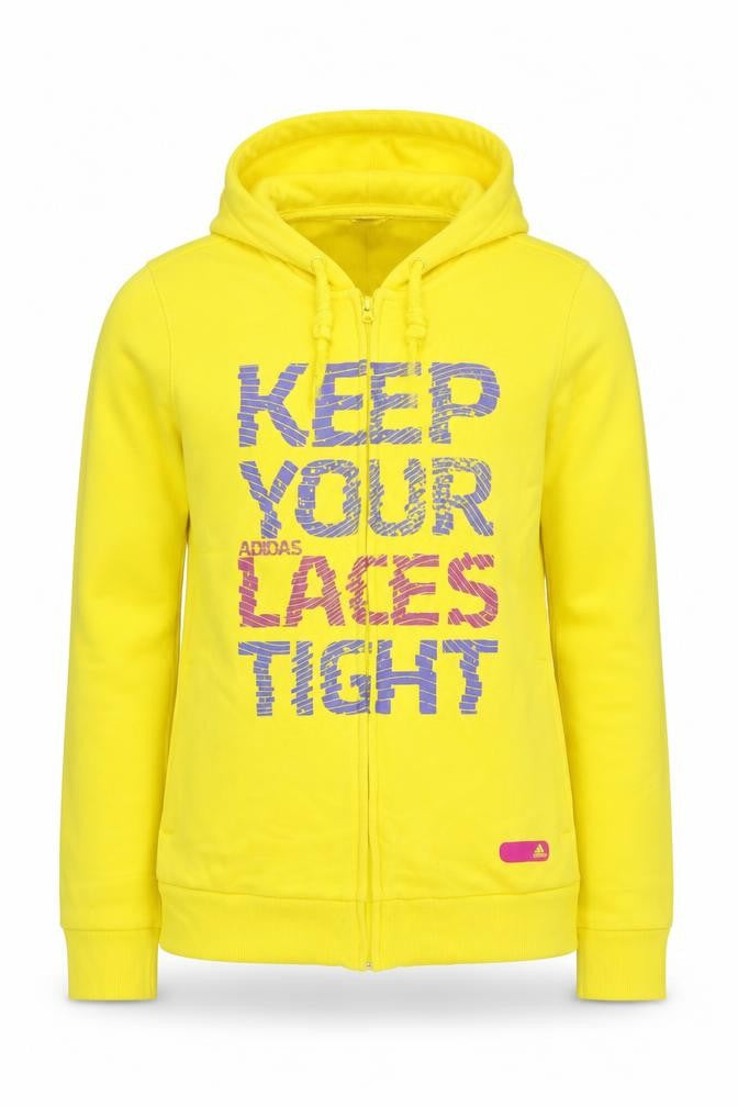 Front view of Adidas women’s yellow full zip hoodie, size UK 8, uk sports graphic