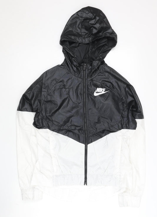 Nike Womens Black White Windbreaker Jacket Size M Hooded Lightweight