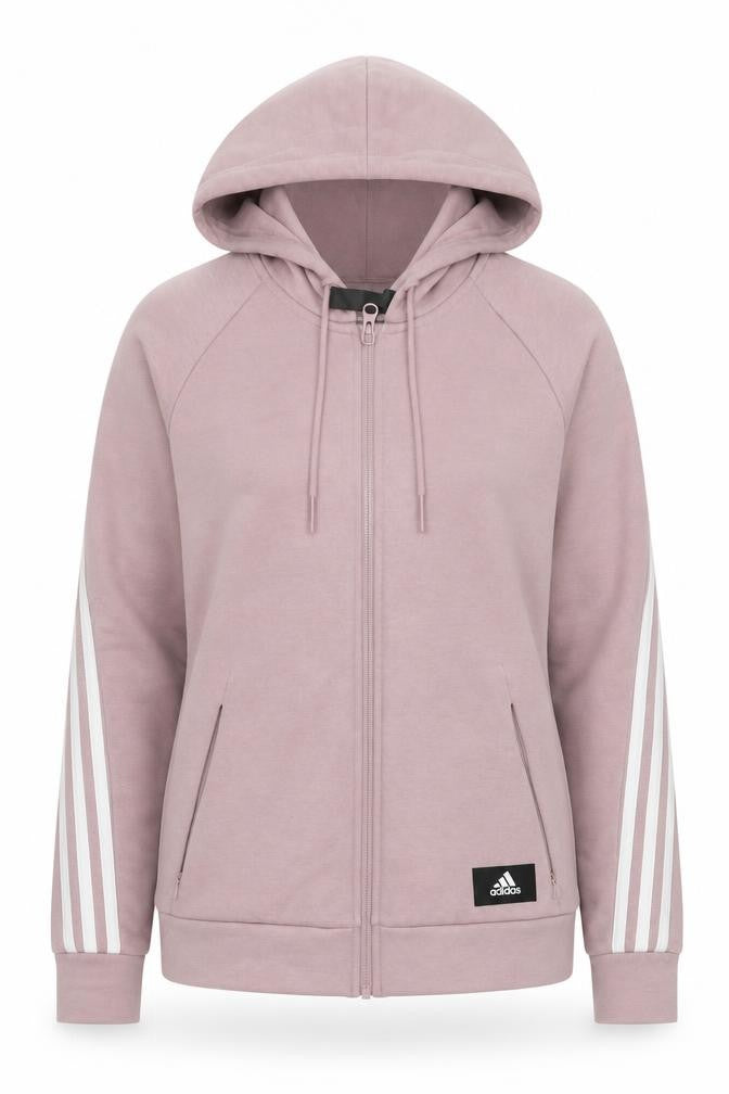 Front view of Adidas Women’s Pink Full Zip Hoodie, size UK 8, Cotton Blend