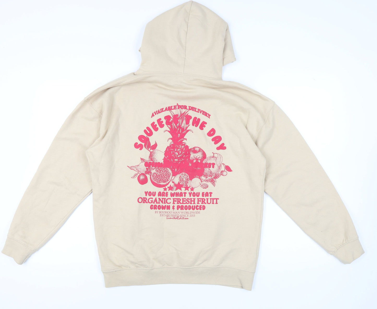 boohooMAN Men’s Beige Pullover Hoodie S Graphic Print Fleece