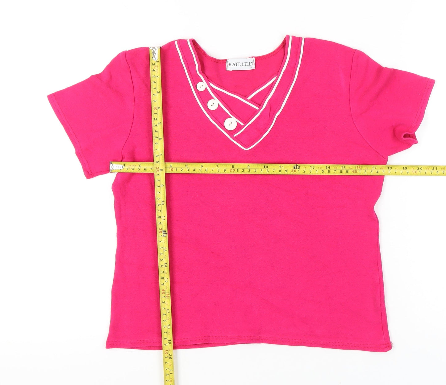 Kate Lilly Womens Pink T-Shirt Size 14 V-Neck Button Detail