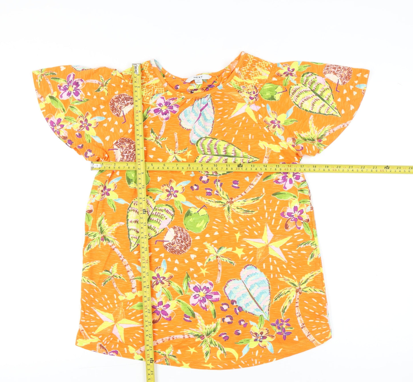 Next Womens Orange Cotton Tropical Print Flutter Sleeve T-Shirt Size 6