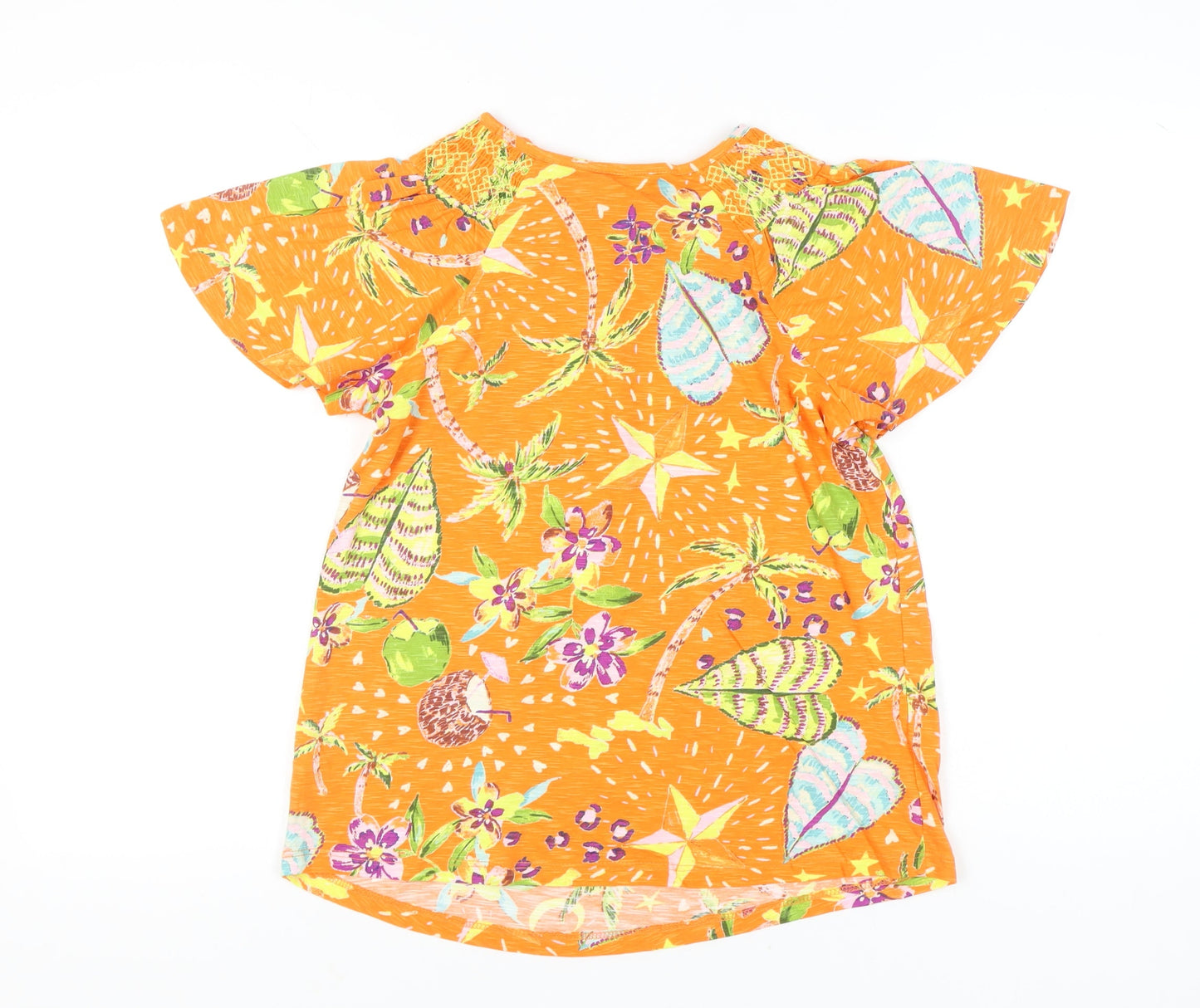 Next Womens Orange Cotton Tropical Print Flutter Sleeve T-Shirt Size 6