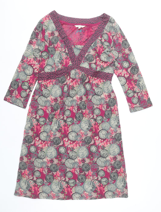 White Stuff Women’s Pink Grey Clock Print Cotton Knee Length Dress UK 14