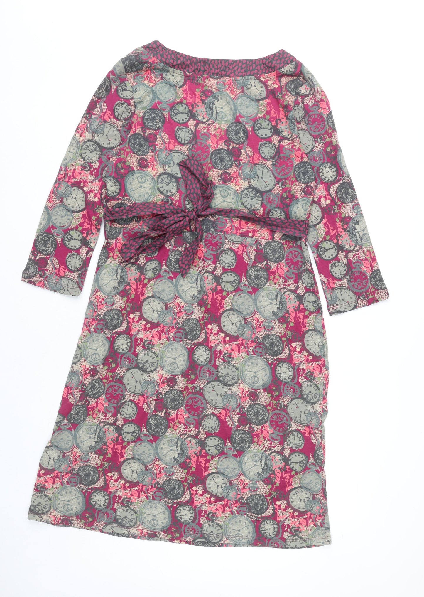White Stuff Women’s Pink Grey Clock Print Cotton Knee Length Dress UK 14