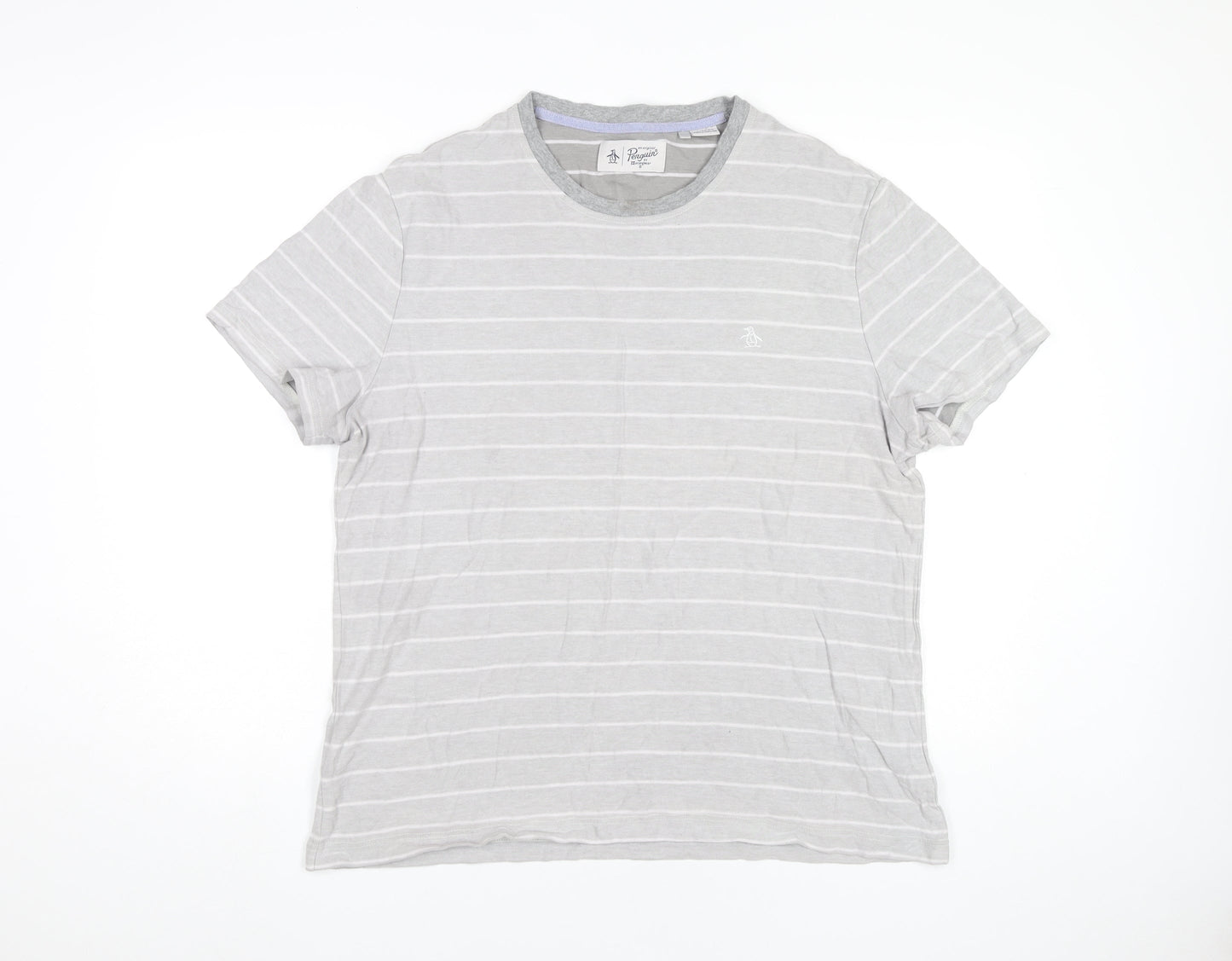 Penguin Mens XL Grey Striped Cotton Crew Neck T-Shirt