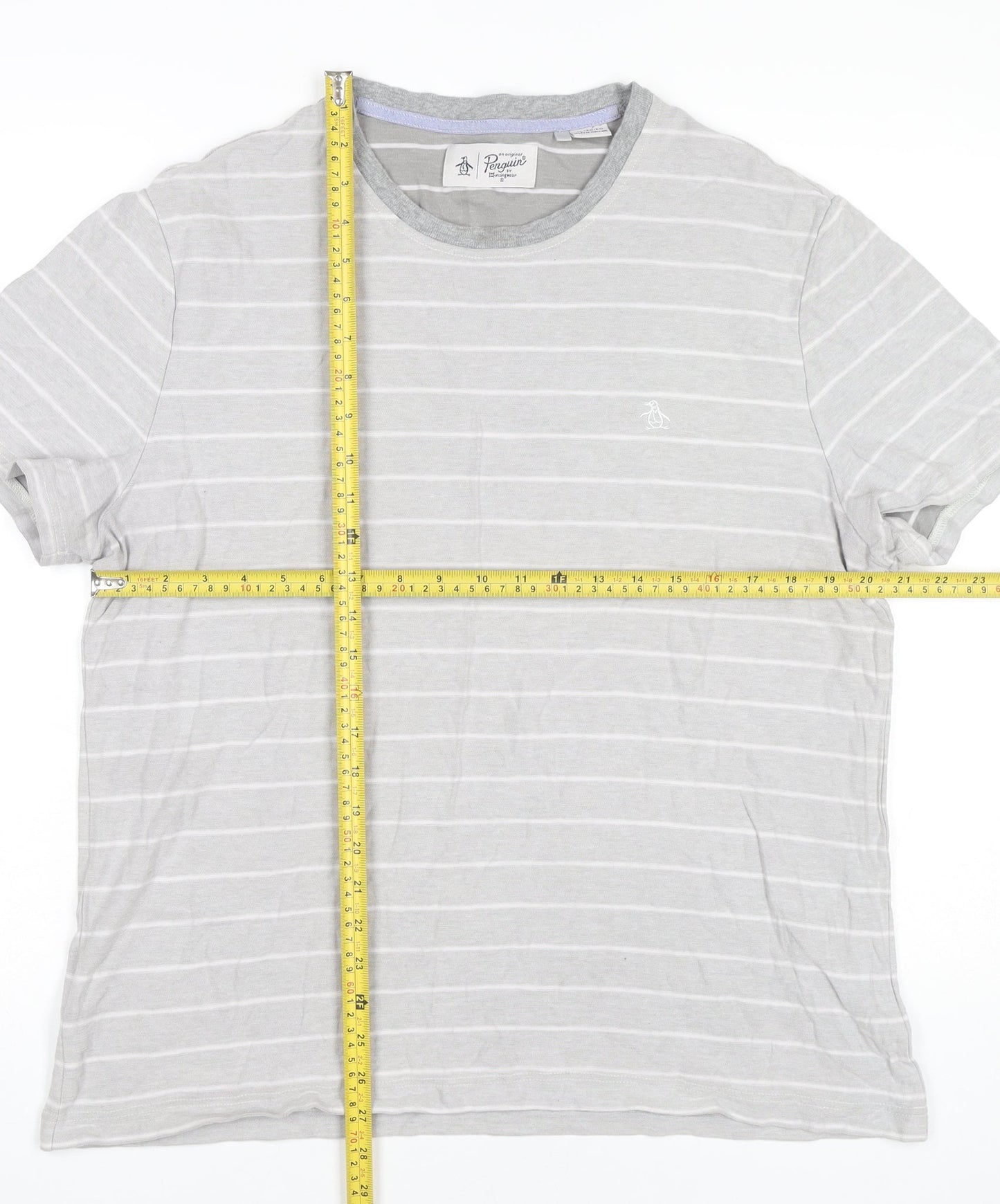 Penguin Mens XL Grey Striped Cotton Crew Neck T-Shirt