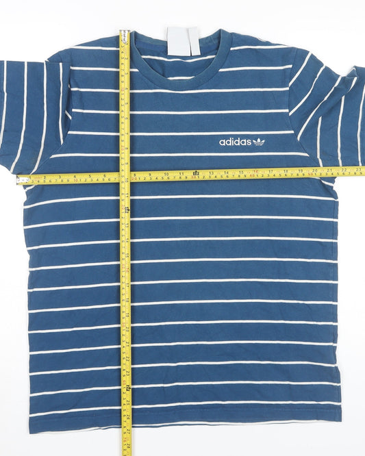 Adidas Mens Blue Striped Cotton T-Shirt Size M Short Sleeve Crew Neck