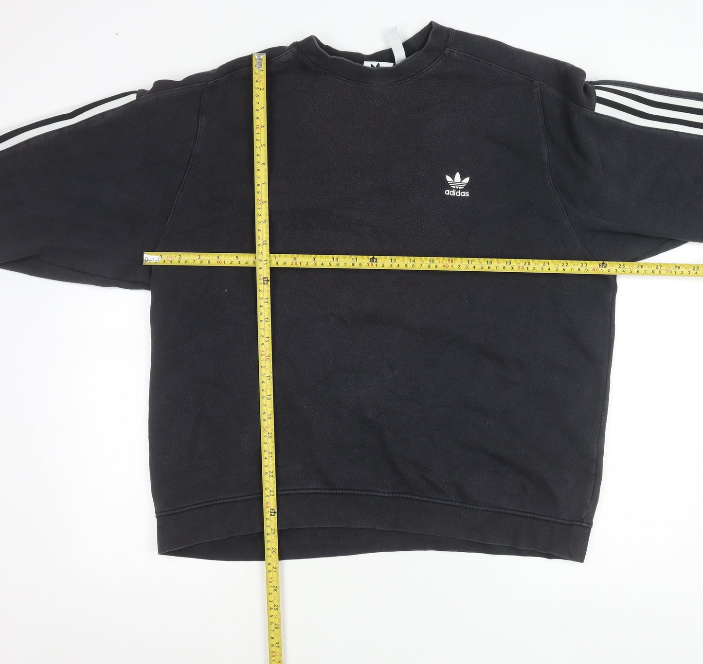 Adidas Mens Black Crew Neck Sweatshirt L Pullover Logo Stripe Sportswear