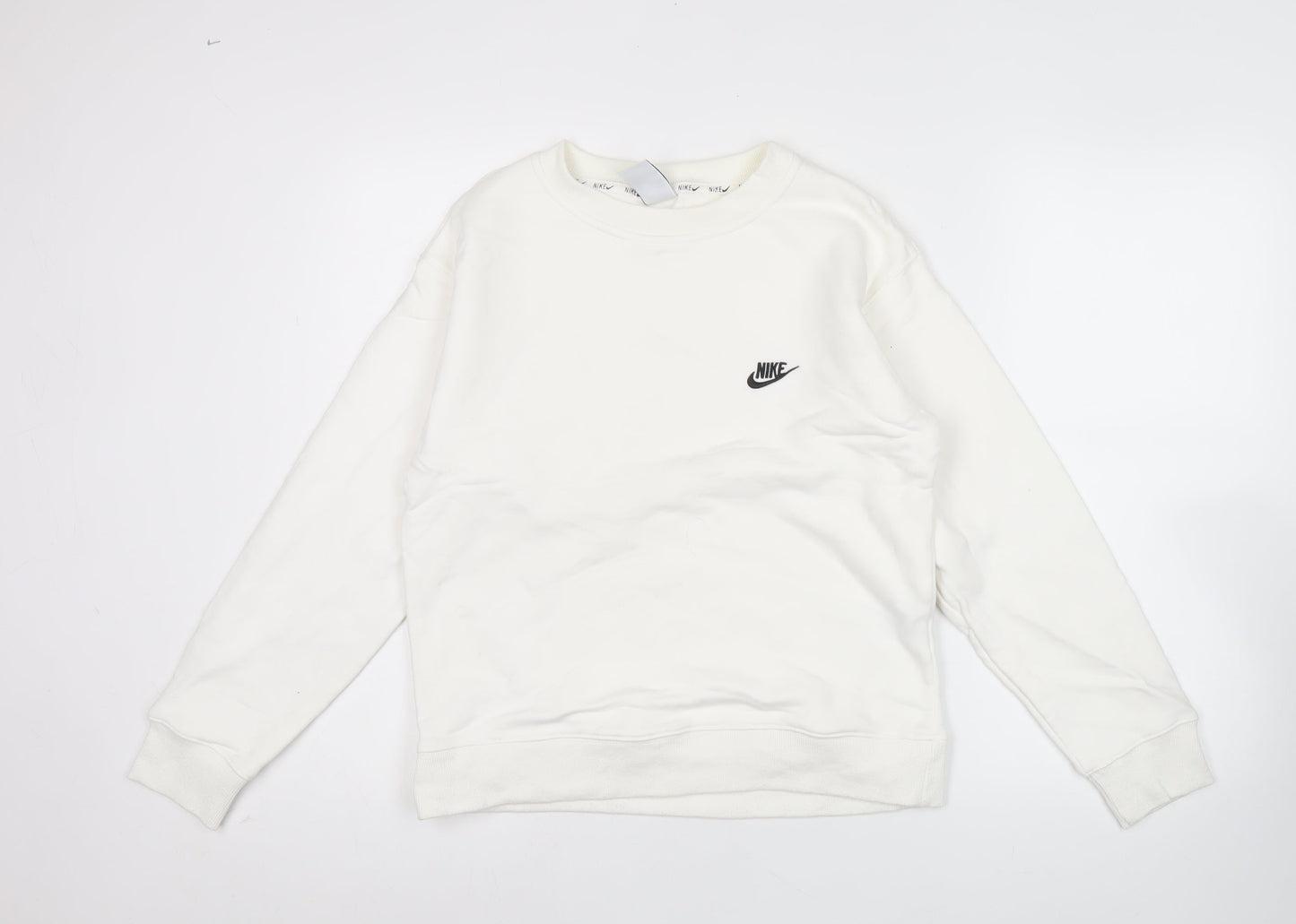 Nike Women White Small Crew Neck Sweatshirt Logo Long Sleeve