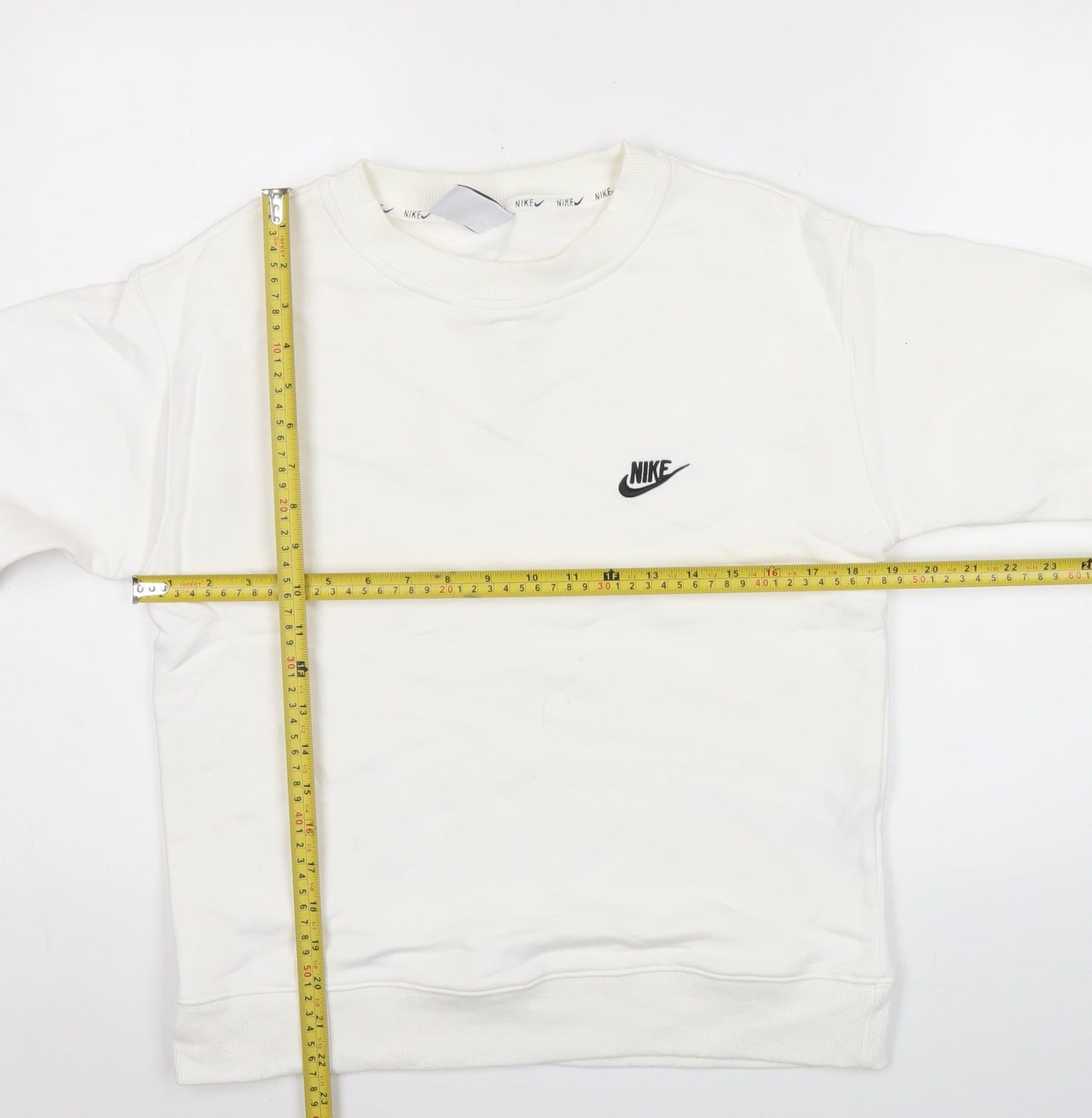 Nike Women White Small Crew Neck Sweatshirt Logo Long Sleeve