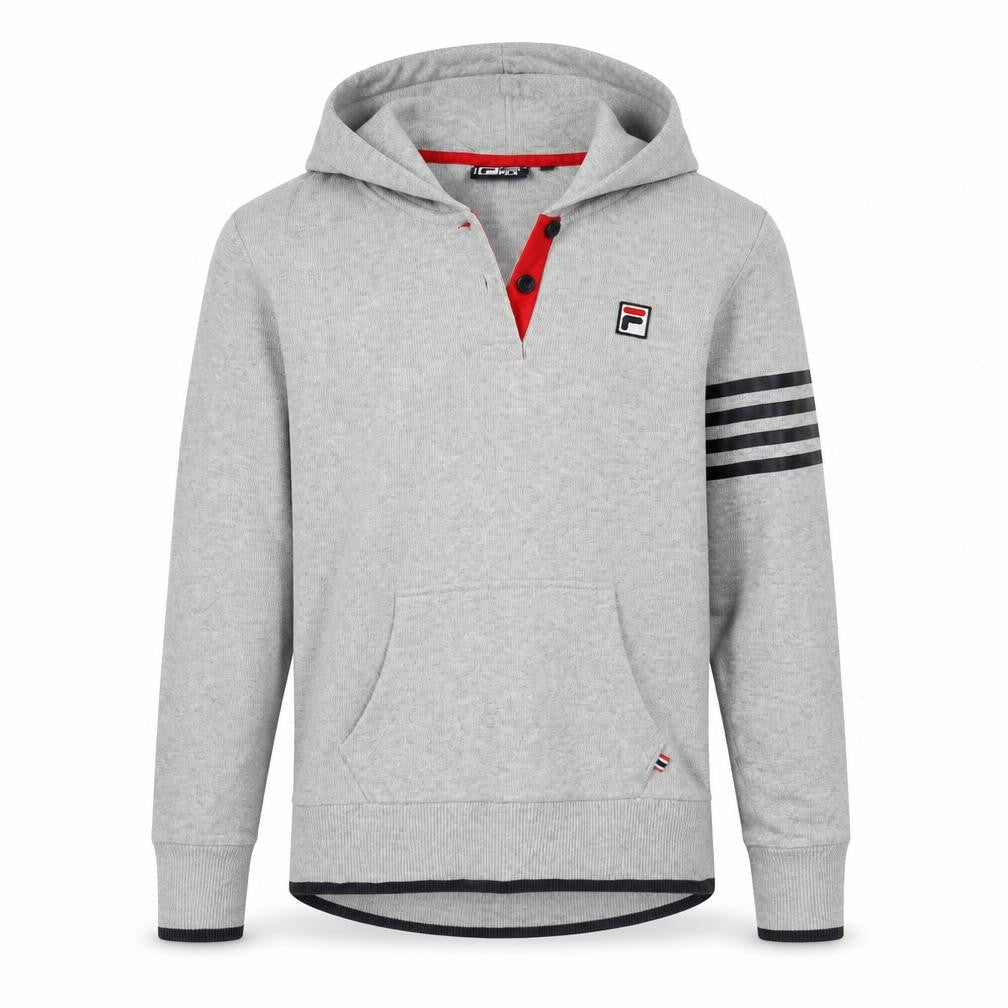 Front view of Fila men’s grey henley hoodie, size M, hooded sweatshirt logo sports