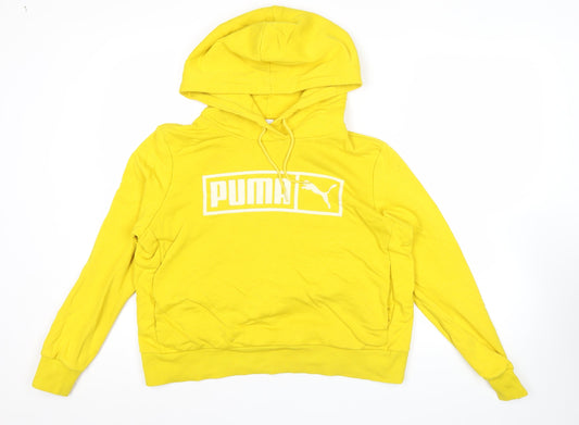Puma Womens Yellow Hoodie Small Cotton Blend Pullover Logo Sportswear