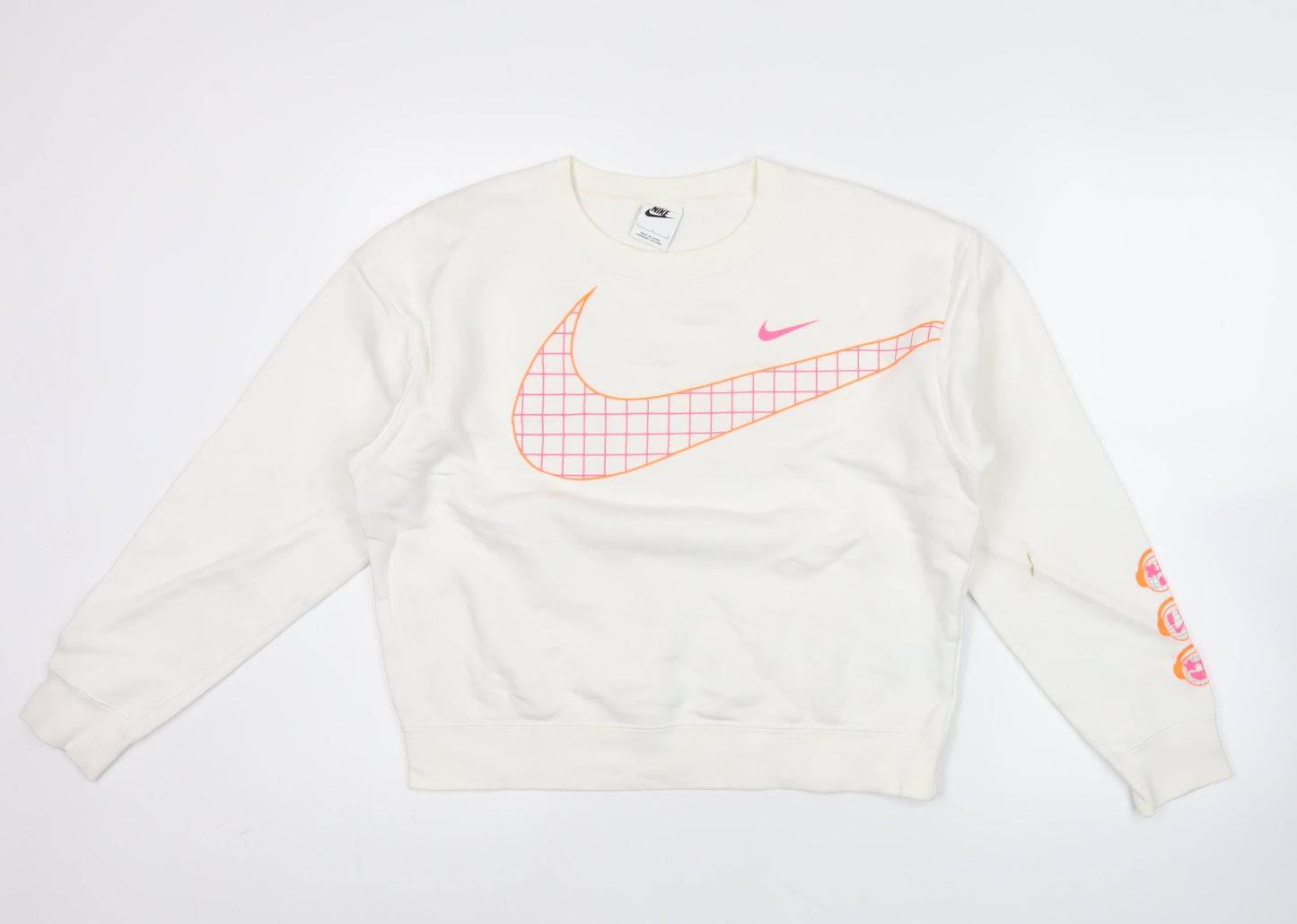 Nike Women’s White Graphic Logo Sweatshirt Size L Cotton Blend