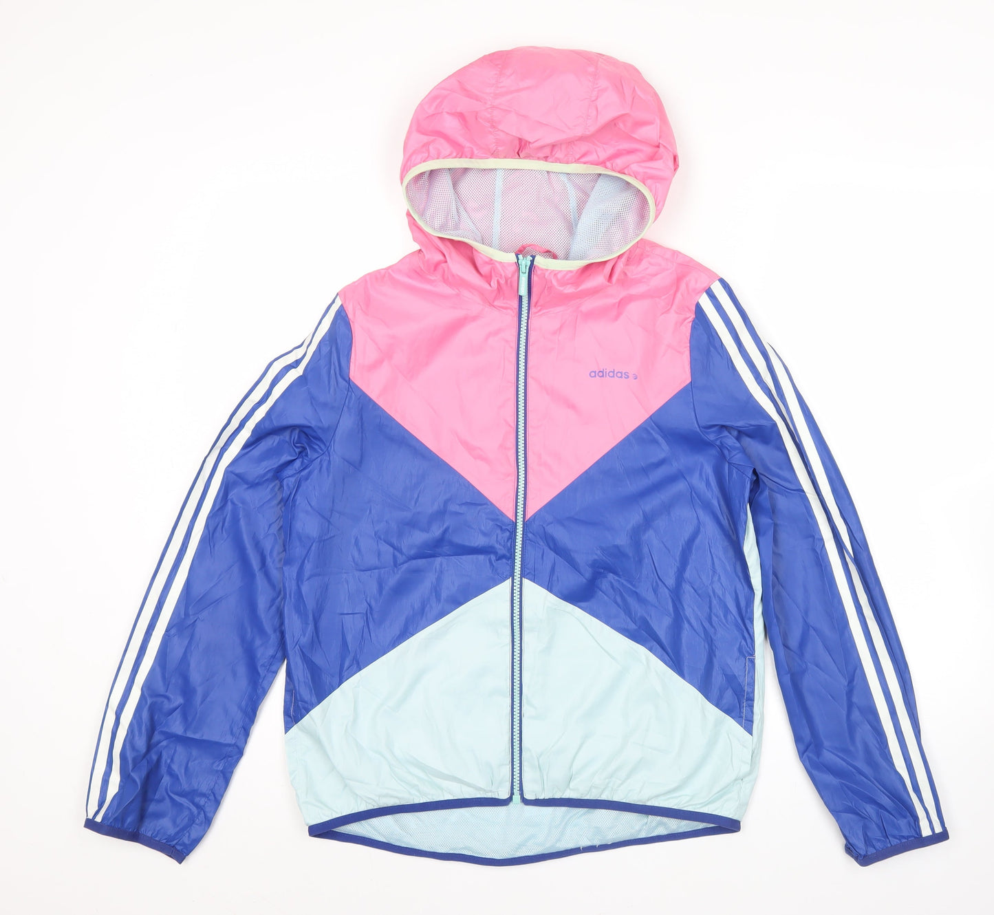 Adidas Womens Pink Blue Windbreaker Jacket UK 12 Hooded Lightweight